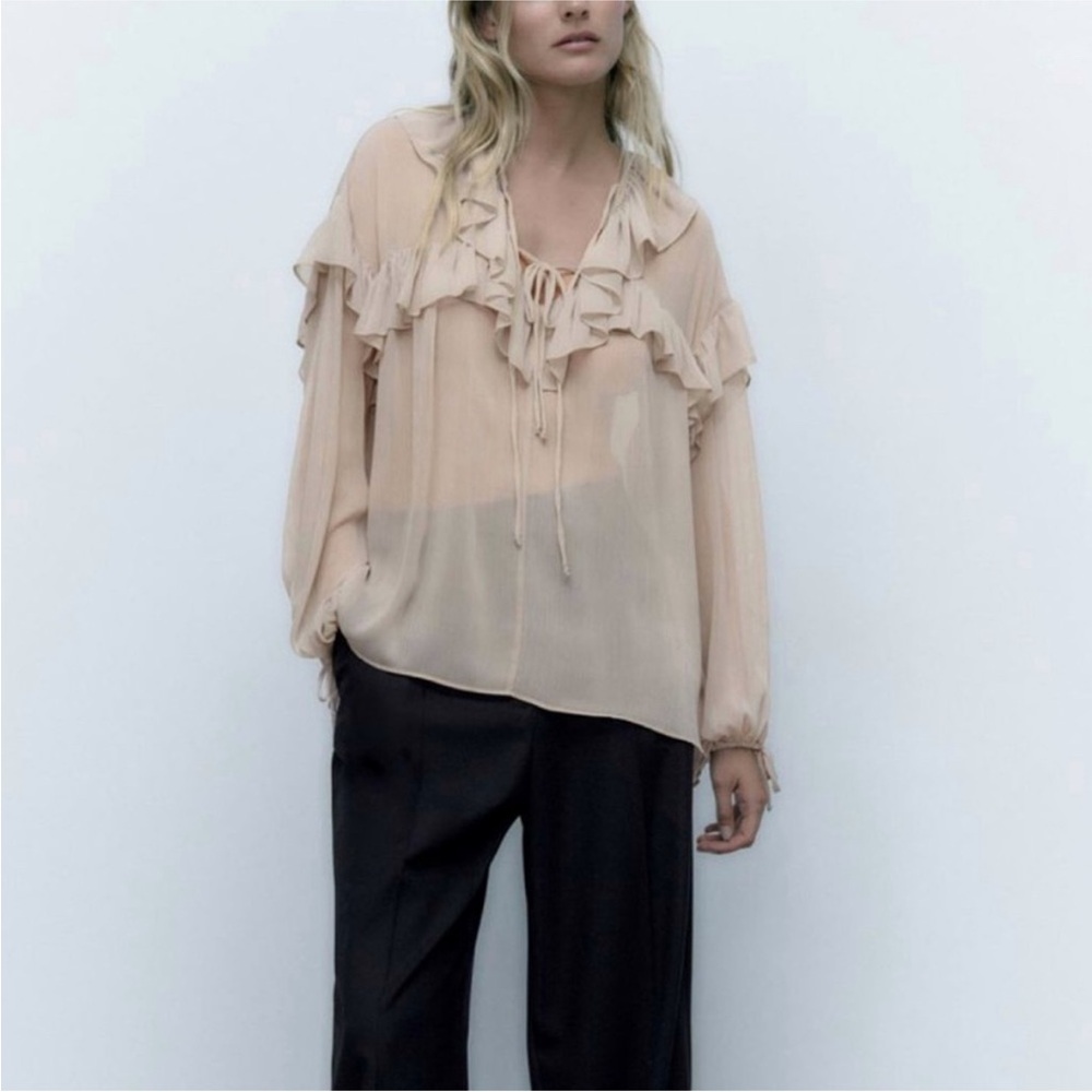 Zara Ruffle See-Through Taupe Blouse